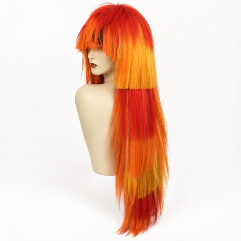 Elysee Star Christy Long Layered Synthetic Wig 90cm | Red Orange Yellow Colour Block Wig with Fringe | Adjustable