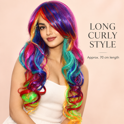 Elysee Star Fancy Long Curly Multi-Coloured Synthetic Wig | 70cm Long MermaidRainbow Wig | Adjustable Party & Festival Wig