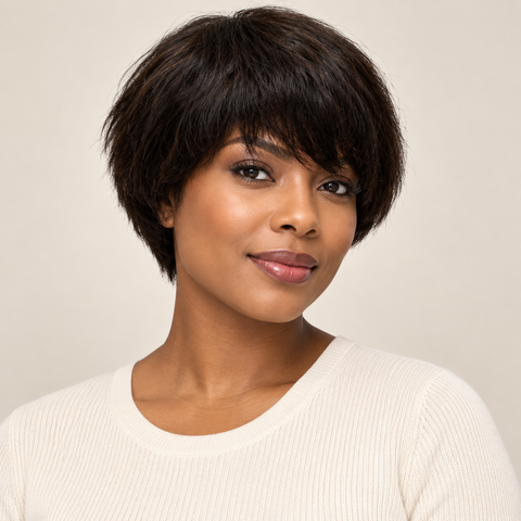 Fawn 100% Brazilian Human Hair Wig | 12cm Short Layered Wig with Fringe | Natural Colour #2 | Adjustable Women’s Wig