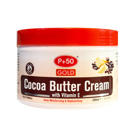 P+50 Gold Cocoa Butter Cream 500ml | Vitamin E Intensive Moisturiser for Very Dry Skin | Solid-to-Oil Deep Hydration Body Cream UK