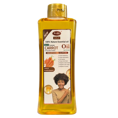 Bottle of P+50 GOLD Carrot Super Brightening Oil for dark spots with kojic acid