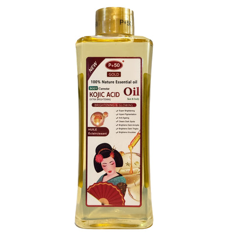 Bottle of  P+50 Gold Kojic acid face and body oil for hyperpigmentation