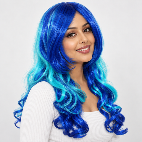 Elysee Star Mara Long Synthetic Wig | 45cm Two-Tone Blue Curly Wig | Adjustable Fancy Dress Party Wig
