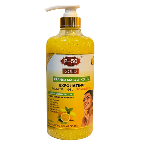 P+50 GOLD Tranexamic & Kojic Brightening Exfoliating Lemon Shower Gel Scrub (1000ml)