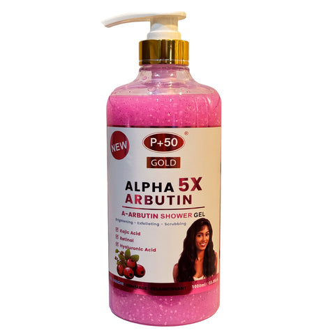 P+50 GOLD Alpha Arbutin Brightening Exfoliating Shower Gel Scrub 1000ml bottle