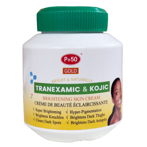 P+50 GOLD TRANEXAMIC & KOJIC BRIGHTENING CREAM 500ml face & body white jar with green lid