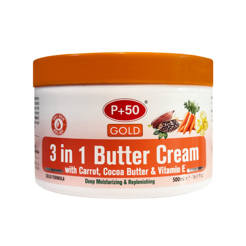 P+50 Gold 3-in-1 Cream 500ml | Solid Melt Body Butter with Cocoa Butter, Vitamin E & Carrot | Dry Skin, Stretch Marks & Glow UK