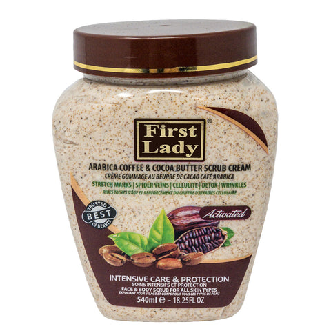 First Lady Arabica Coffee & Cocoa Butter Scrub is a clarifying face and body scrub