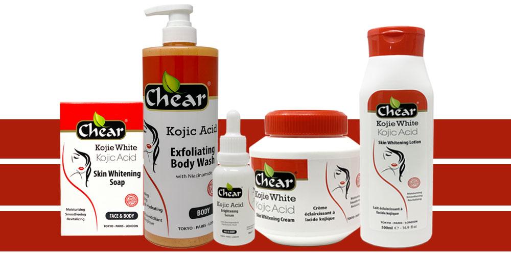 Chear Kojic Acid Skin brightening & hyperpigmentation lightening soap, serum, body wash, body lotion & cream